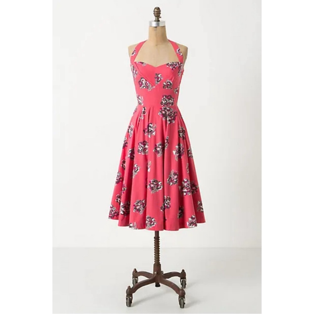 Anthropologie Girls From Savory Akebono Retro Floral Halter Vintage Dress Sz 8 M